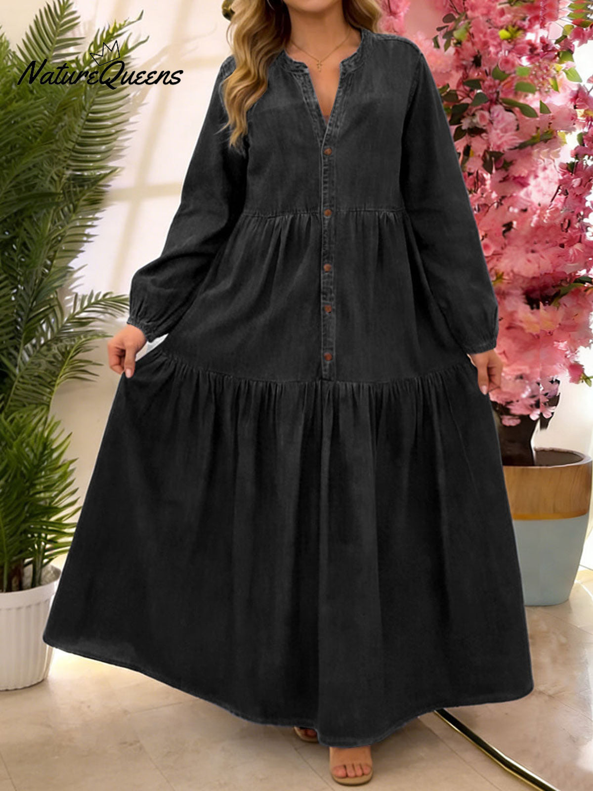 Women's V-neck Long-sleeved Casual Loose Denim A-line Dress