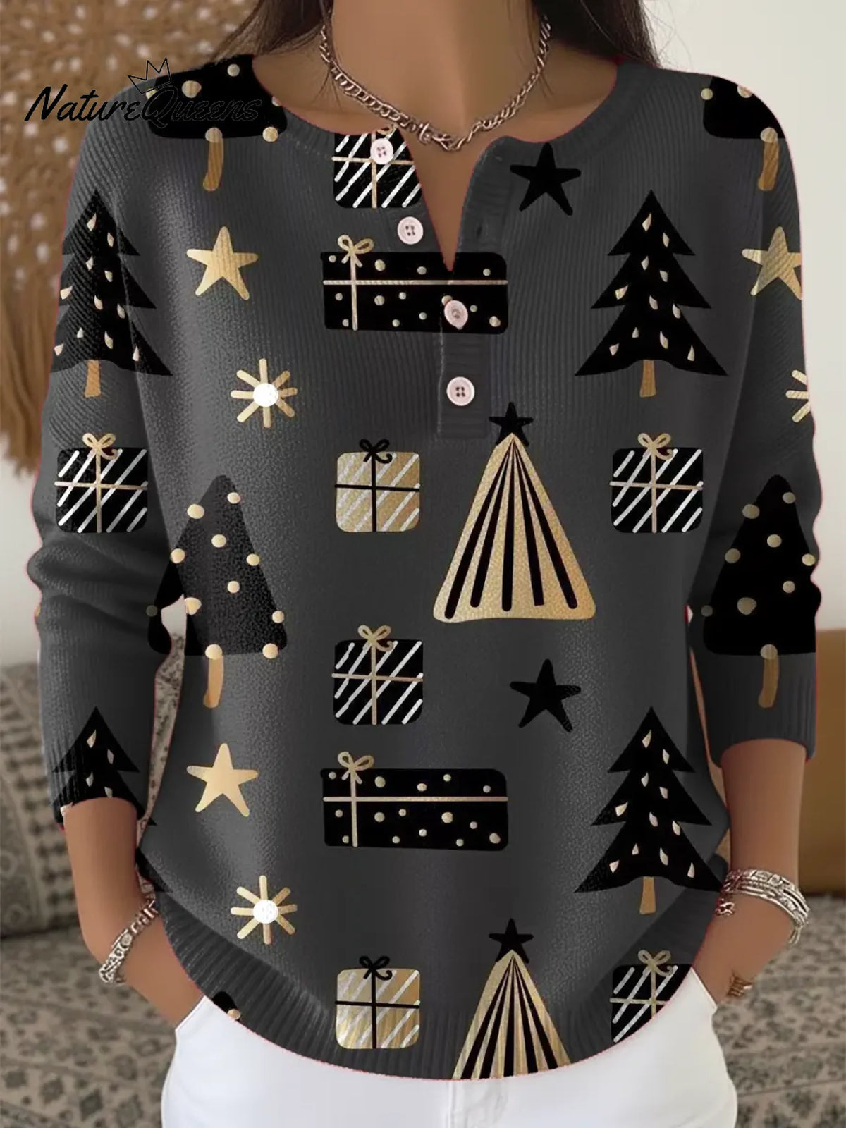 Women's Christmas Tree Pattern Art Print Casual Cardigan Sweater