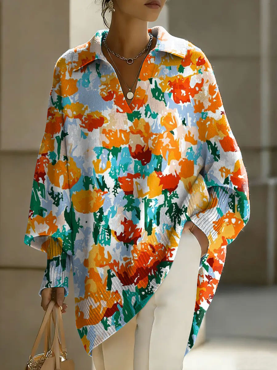 Women's Color Flowers Patterns V-neck Long-sleeved Casual Loose-fitting Knitted Pullover Sweater