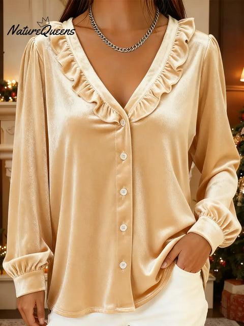 Women's Elegant Velvet V-neck Ruffled Shirt