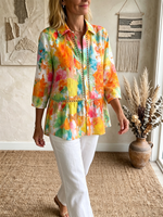 Artistic Cutout Lace-trimmed & Watercolor-print Cotton-linen Blouse