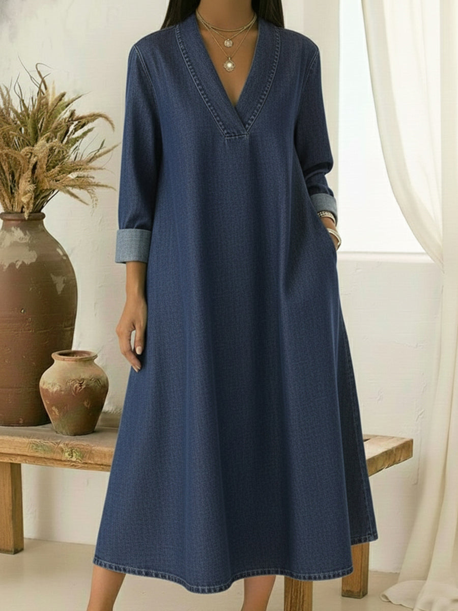 Elegant V-neck Denim Cotton Dress