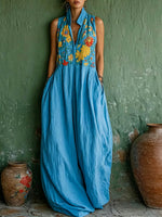 Women's Casual Loose Cotton-linen Dress — V-neck Sleeveless With Placement Print