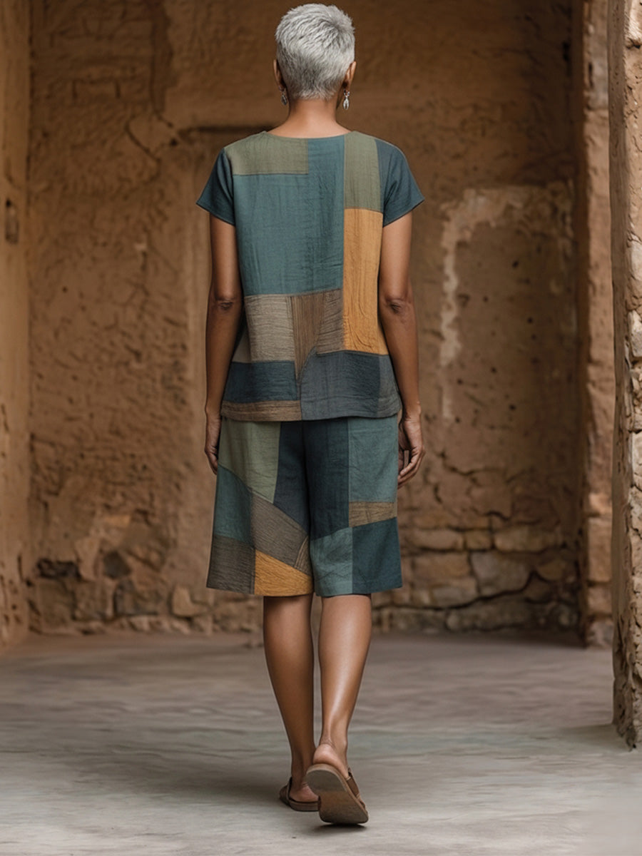 Patchwork Linen-cotton Short Sleeve Top & Wide Leg Shorts Set