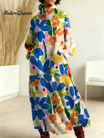 Women's Vintage Flower Pattern Art Print Casual Cotton Knitted Dress