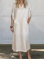 Women's Solid Color Lapel Long-sleeved Casual Loose Linen Dress
