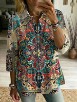 Women's Retro Floral Art Print Casual Lapel Cotton Shirt