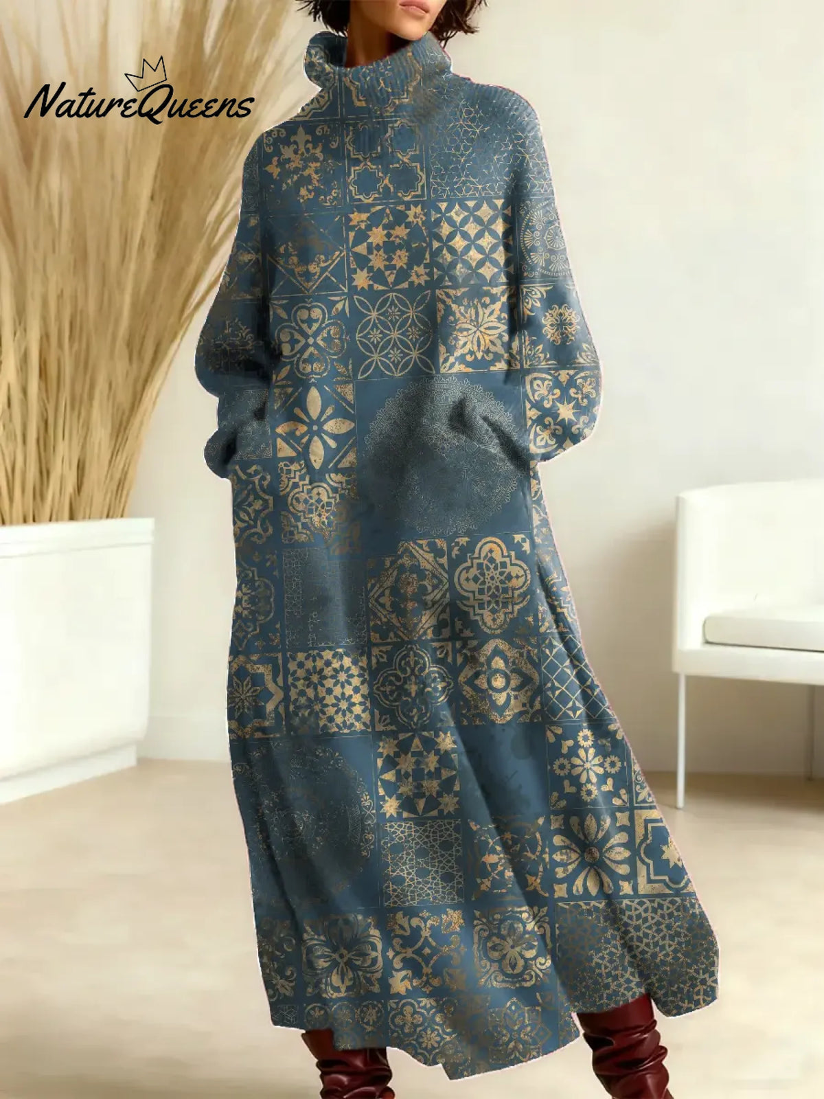 Women's Vintage Pattern Art Print Casual Cotton Knitted Dress