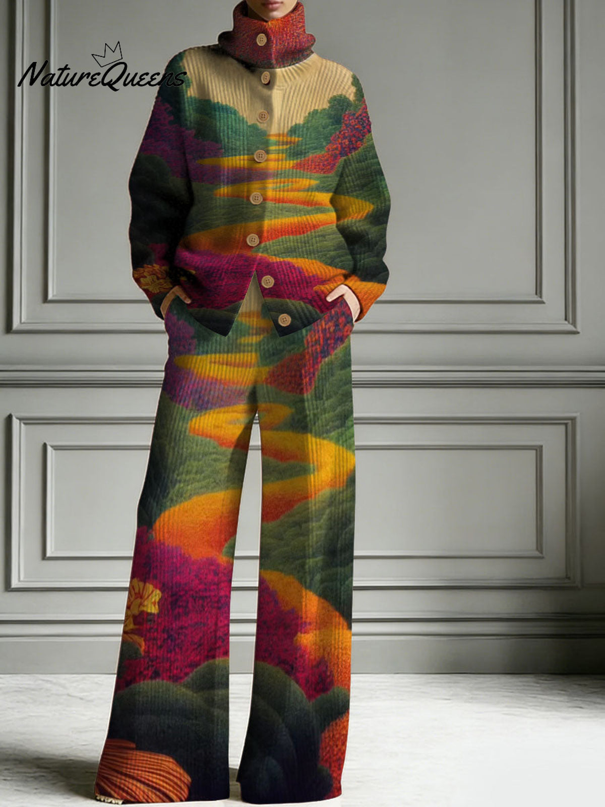 Exotic Elegant Garden Path Decorative Patterns Casual Stand Collar Long Sleeve Top And Pants