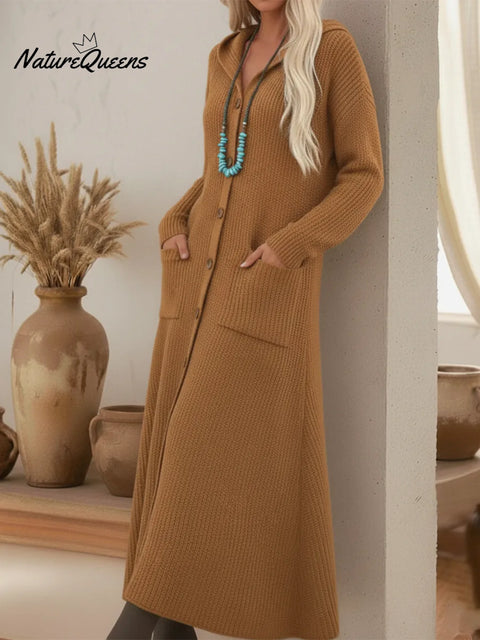 Cozy Loose-fitting Button-down Hooded Cardigan Knit Dress