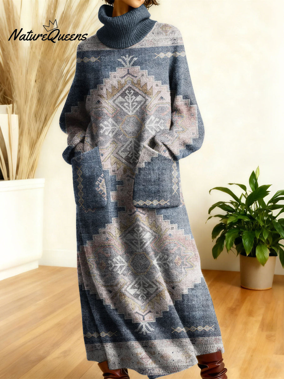 Women's Retro Geometric Patchwork High-neck Long-sleeve Casual Loose Knit Dress