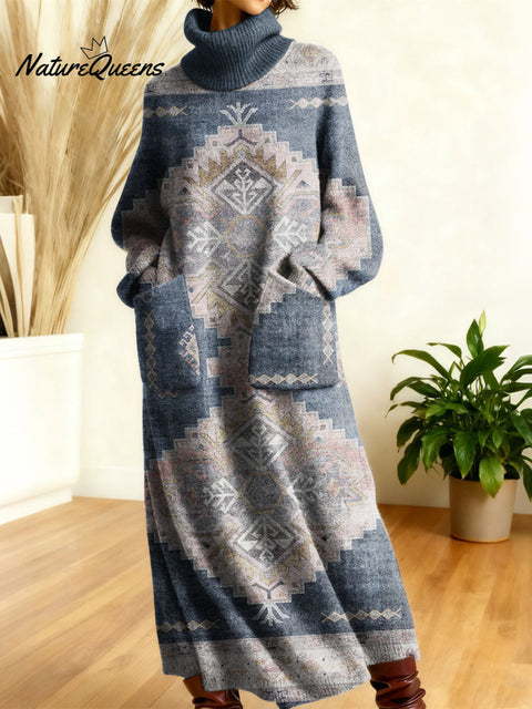 Women's Retro Geometric Patchwork High-neck Long-sleeve Casual Loose Knit Dress