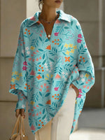 Women's Color Flowers Patterns V-neck Long-sleeved Casual Loose-fitting Knitted Pullover Sweater