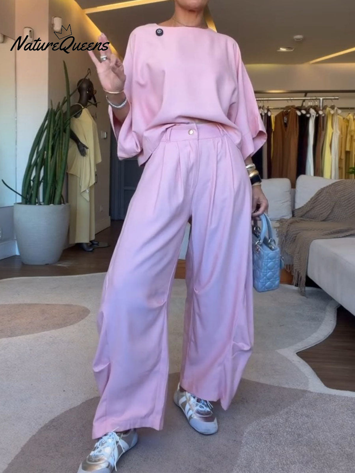 Women's Solid Color Round Neck Three-quarter Sleeve Casual Loose Top And High-waisted Casual Loose Wide-leg Pants Cotton Set.