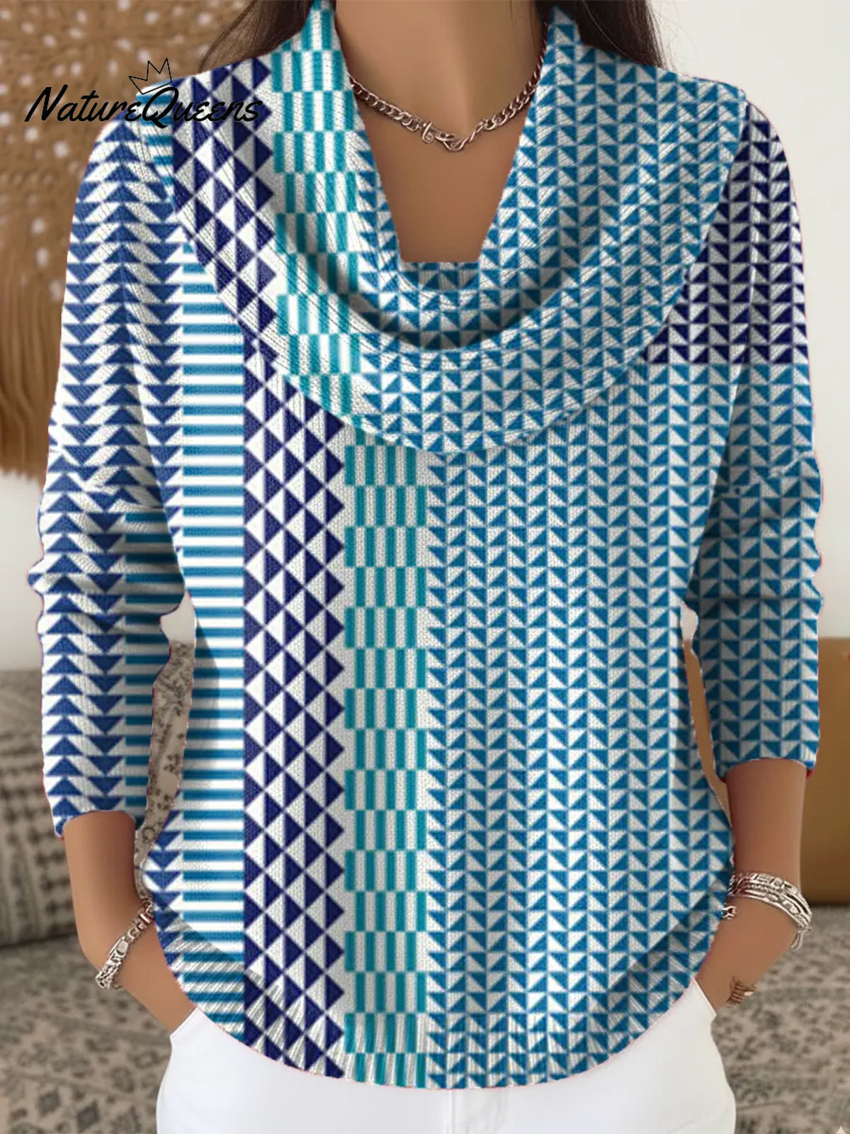 Women's Vintage Abstract Geometry Art Print Cowl Neck Sweater