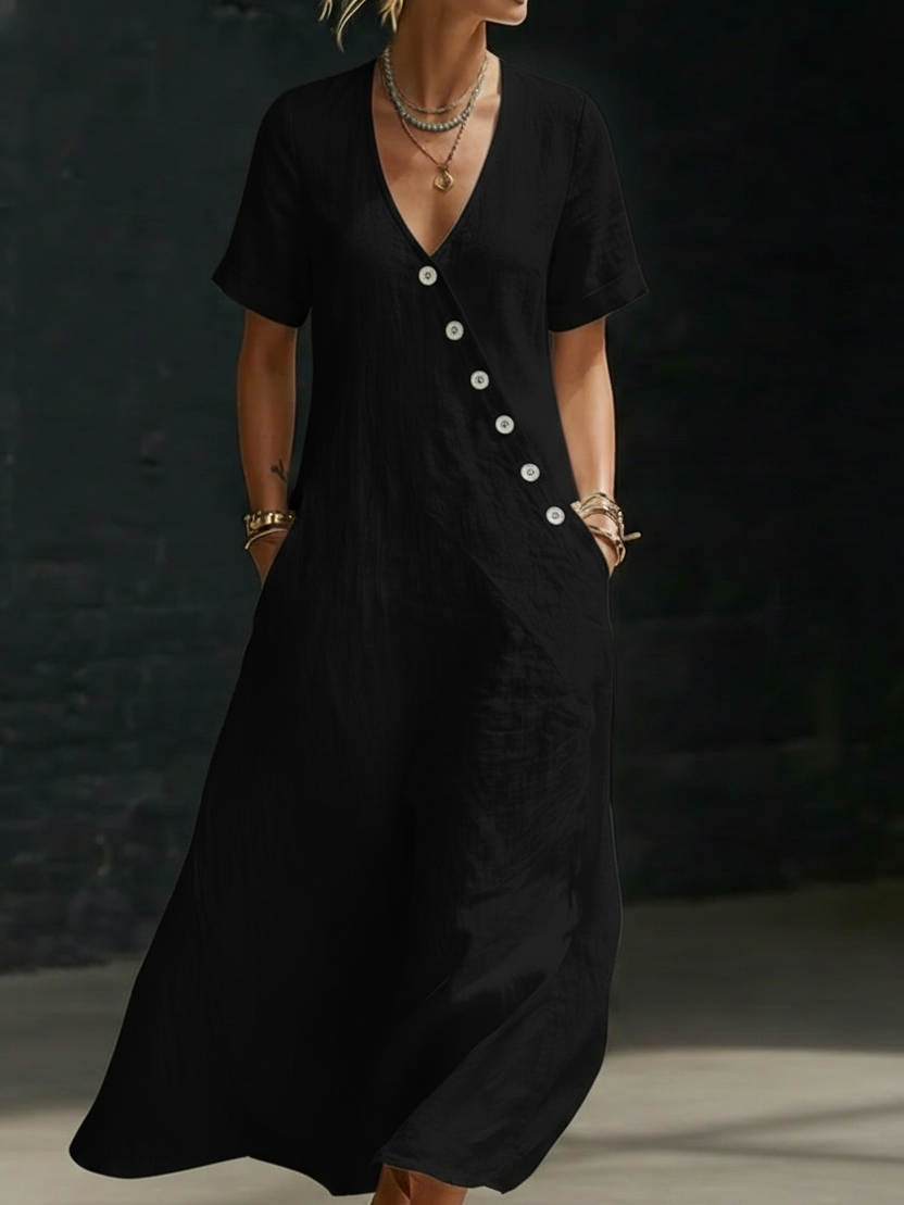 Cozy Minimalist Button-up Loose Linen Cotton Dress