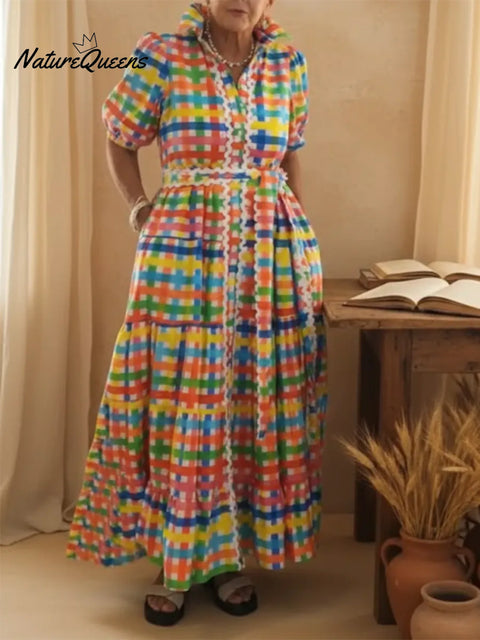 Colorful Square Art Print Collared Shirt Dress