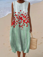 Women's Vintage Flower Art Print Sleeveless Cotton Pocket Wrap Dress