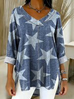 Denim Star-shaped Decorative Patterns Women's Casual V Neck Collar Shirt