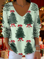 Women's Christmas Trees Gradient Snowflake Pattern Art Print V-neck Solid Color Loose Shiny Sweater