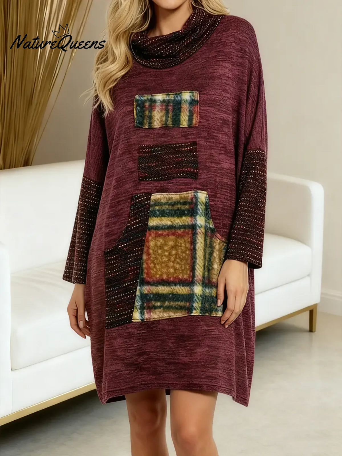 Women's Geometric Print Swing Neck Long Sleeve Casual Loose Knit Top