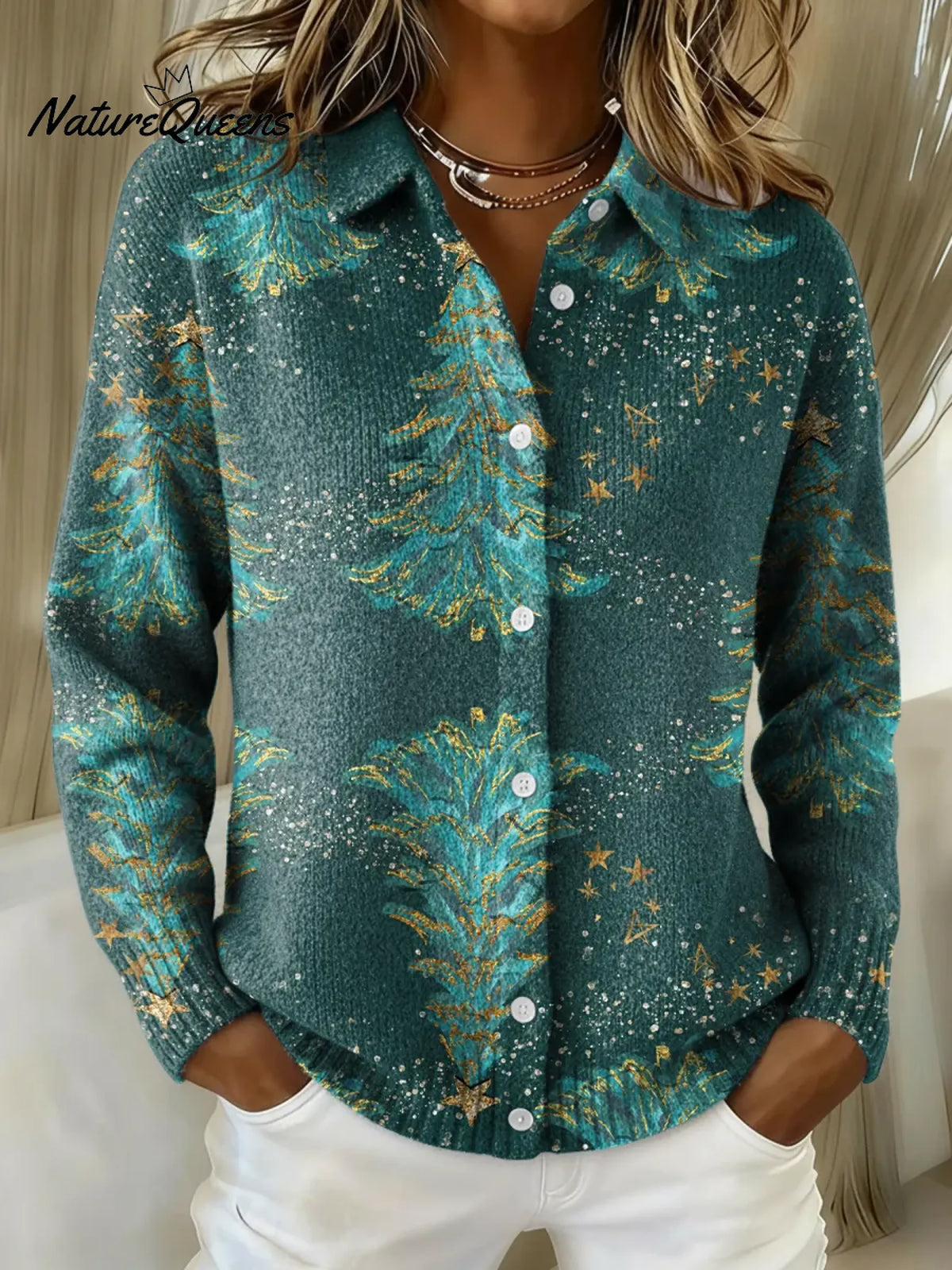 Women's Christmas Printed Collared Sweater