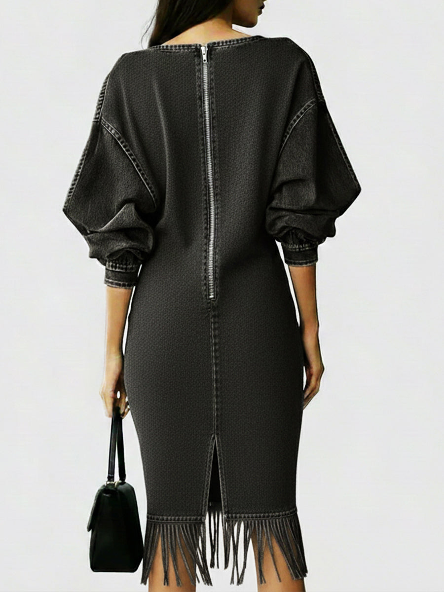 Casual Denim Dress With Tassels