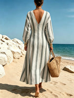 Women's Retro Striped Art Casual Long Sleeve Cotton Linen Maxi Dress