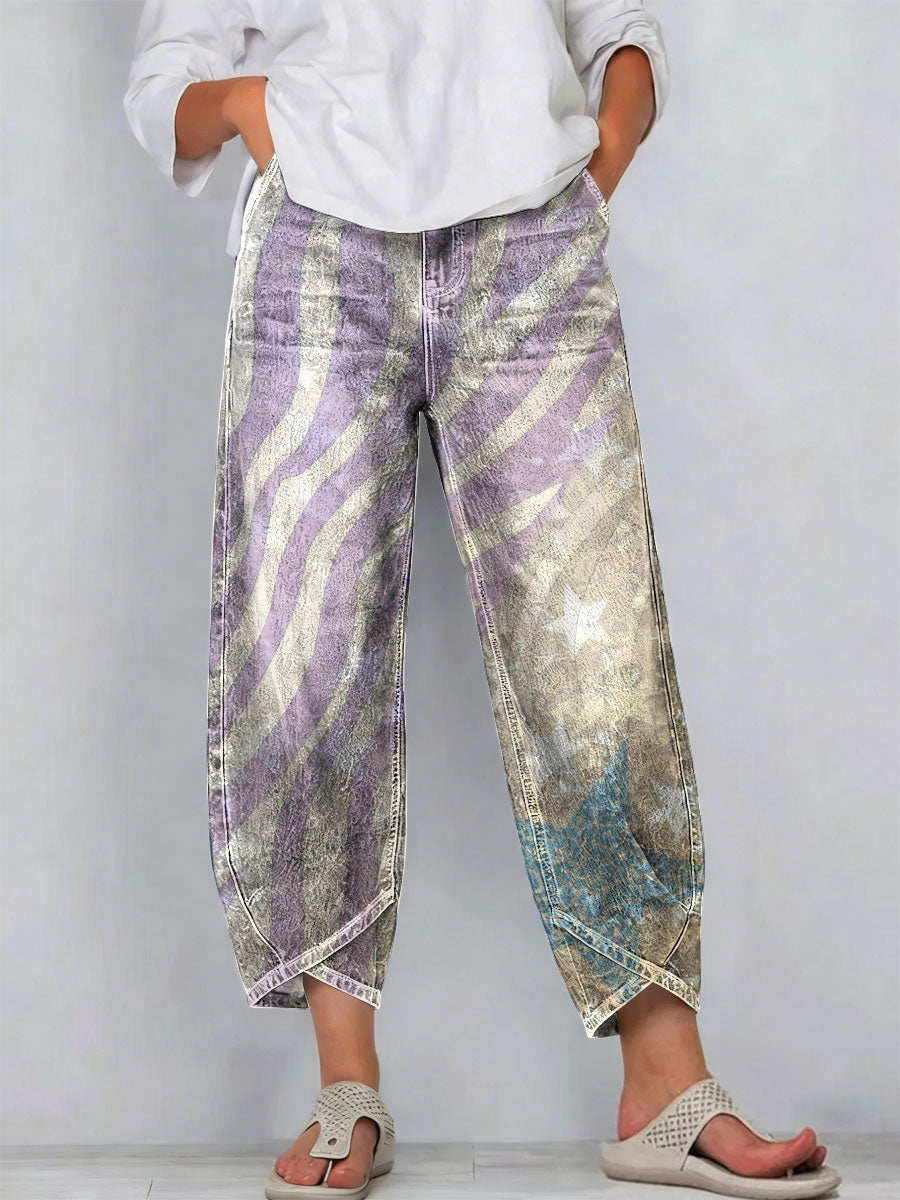 Women's Vintage Nationality Pattern Art Prints Casual Denim Cotton Pants