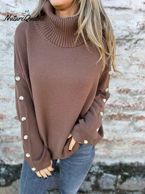Women's Solid Color Casual Turtleneck Button Sweater