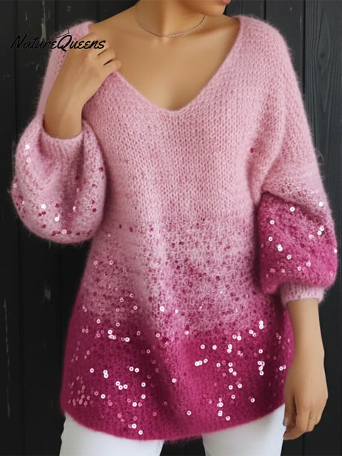 Winter Dreamy Off-shoulder Loose Sequined Gradient Sweater Top