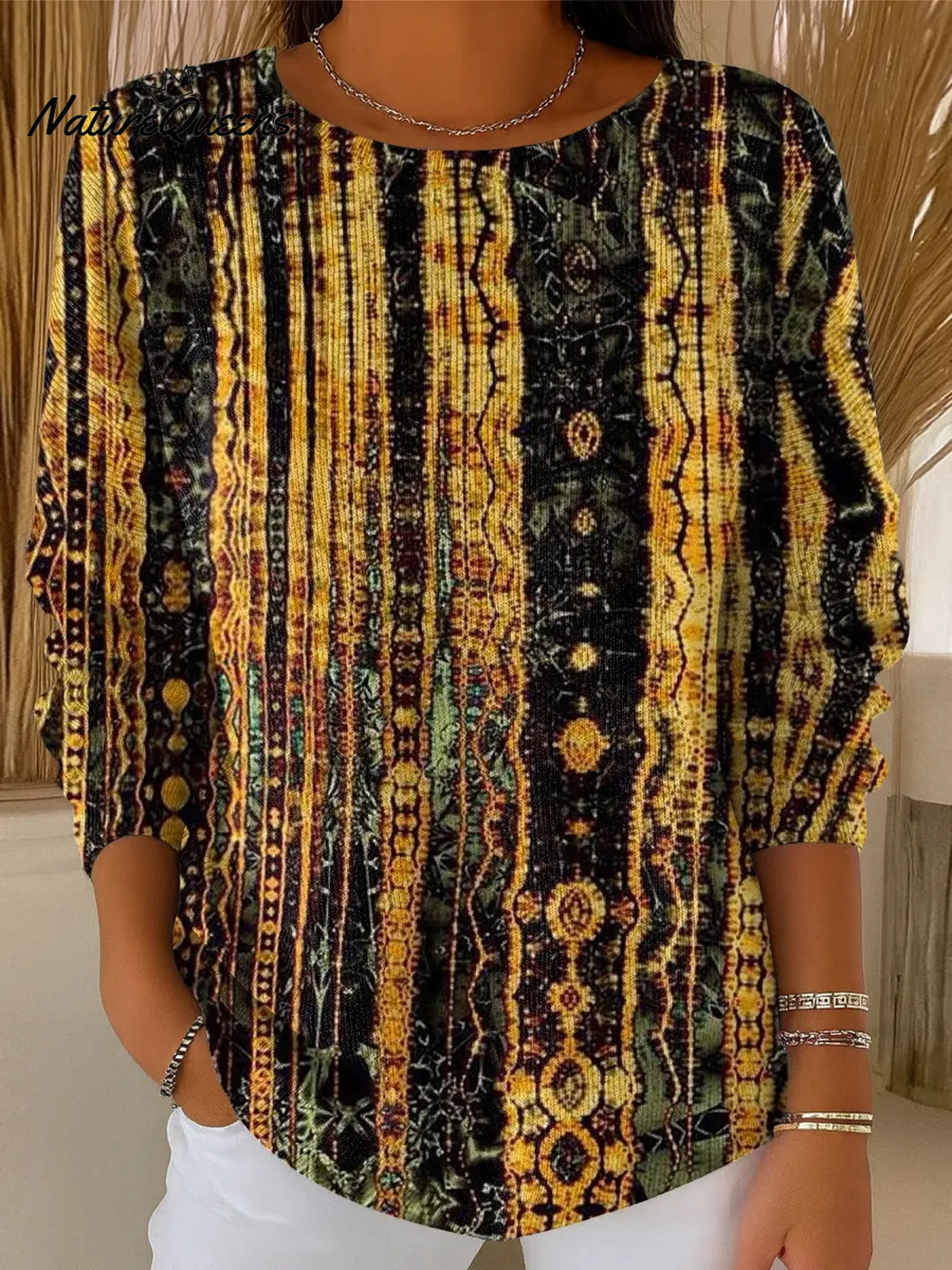 Women's Vintage Gold Stripes Casual Pullover Sweater