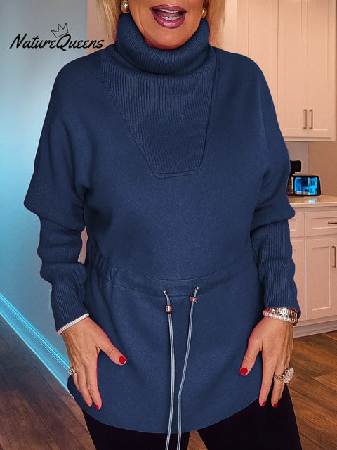 Women's Solid Color Turtleneck Long-sleeved Casual Loose Drawstring Top