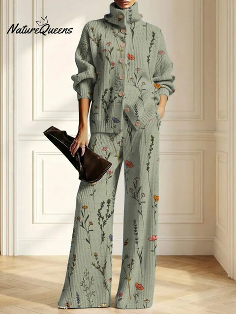 Women's Floral Pattern Art Print Casual Cotton Knitted Suits