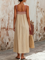 Geometric Embroidered Square Neck Sleeveless Linen-cotton Swing Dress