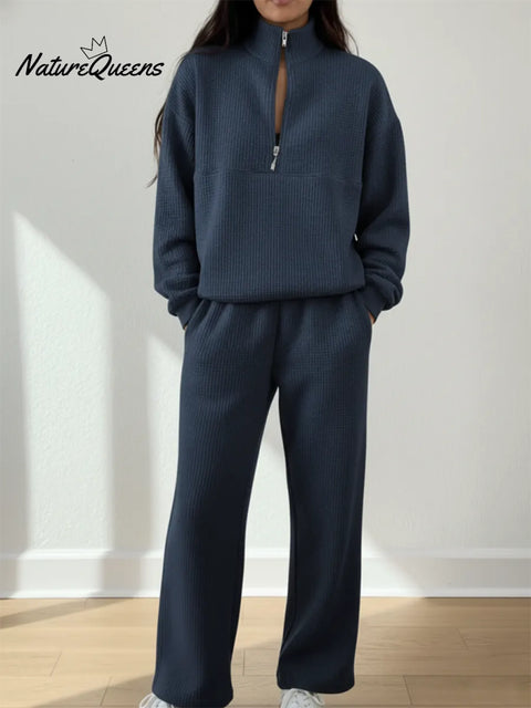 Casual Travel Stand-up Collar Zip-up Waffle Sweatshirt And Pants Set