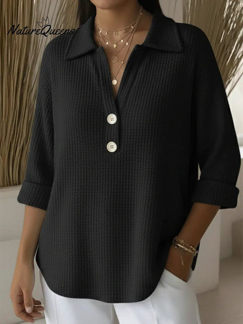 Classic Polo V-neck Button-down Waffle Sweater Top