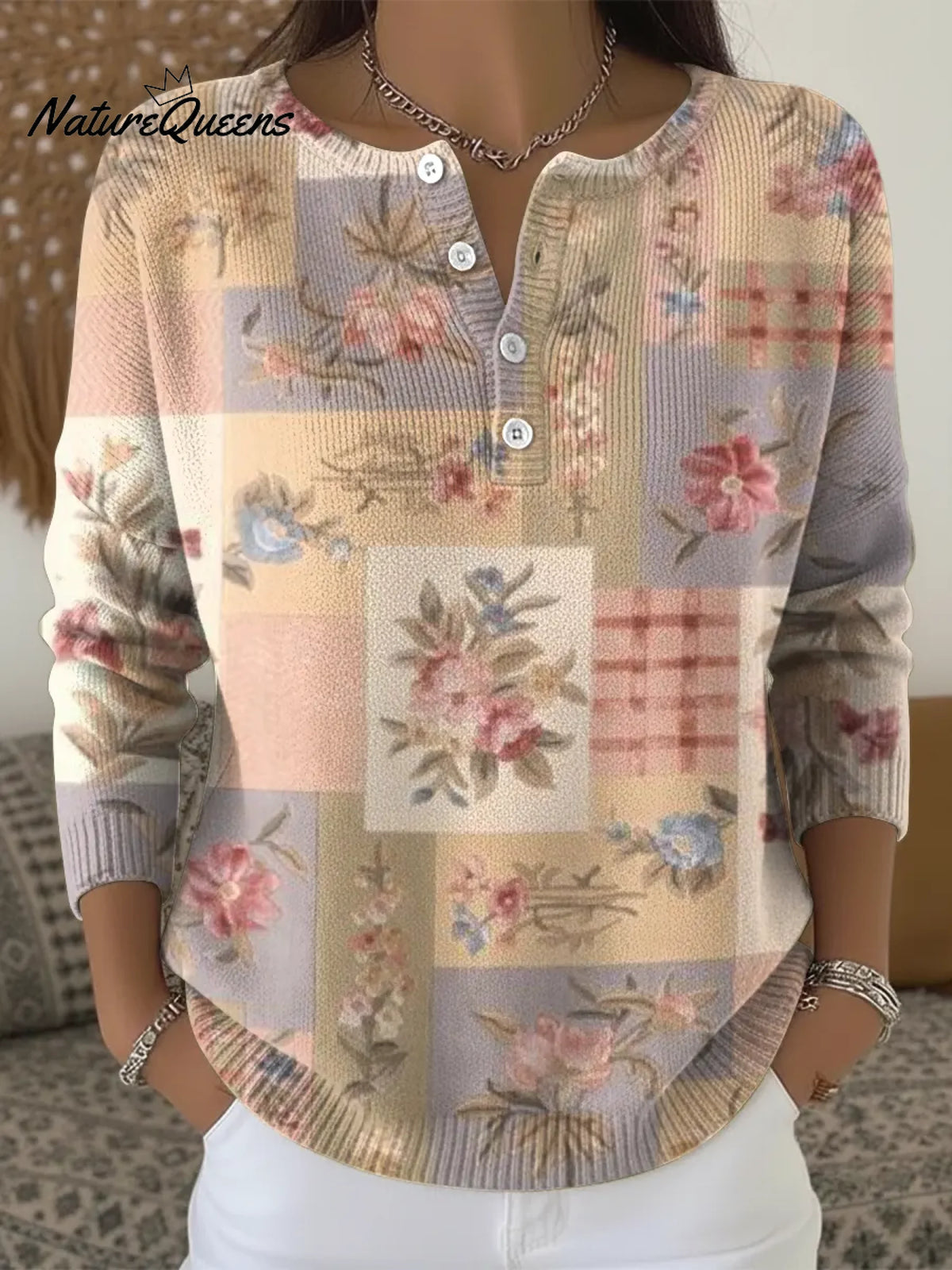Artistic Flowers Print Buttoned Cardigan Sweater