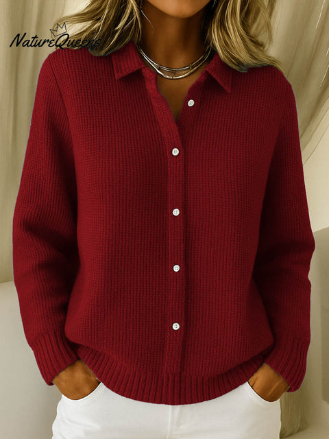 Women's Solid Color Shirt Collar Long Sleeve Waffle Knit Cardigan