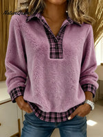 Women's Plaid Color-blocked Cardigan Collar Long-sleeved Casual Loose Sweatshirt