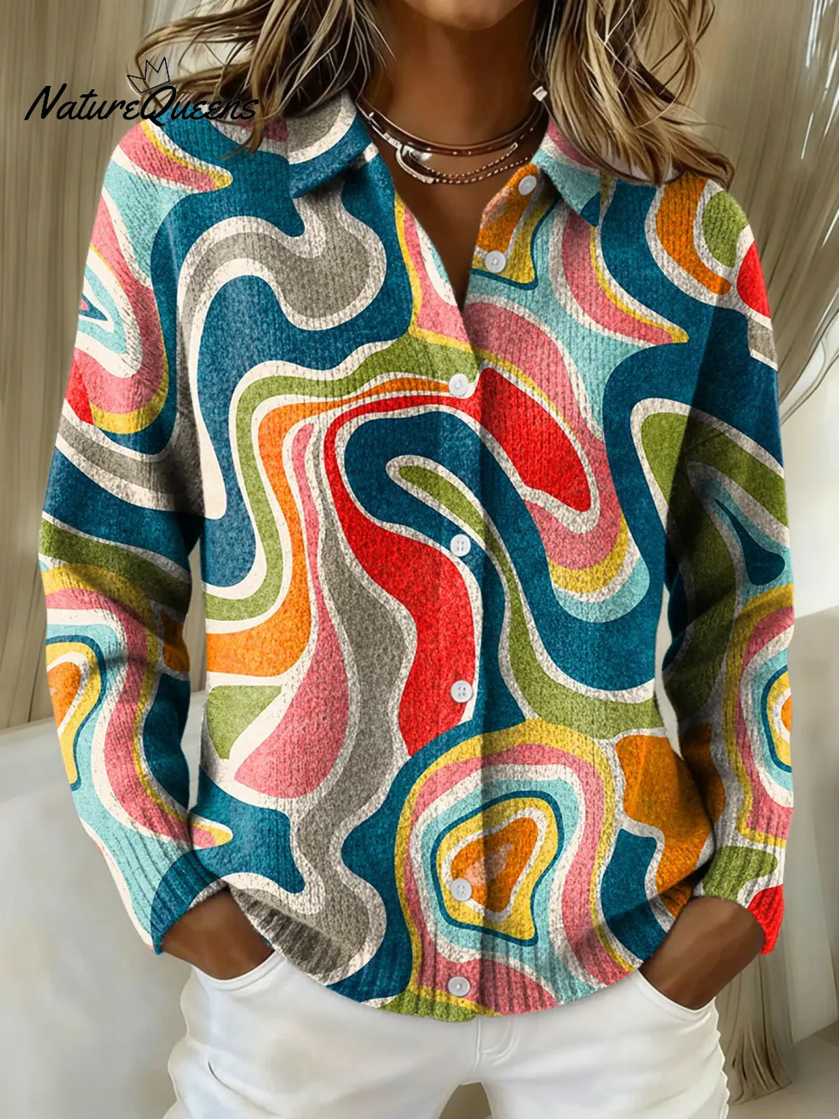 Women's Abstract Color Printed Collared Sweater