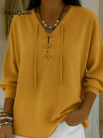 Casual Lace-up Cotton And Linen Shirt Top