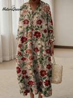 Classic And Elegant Floral Decorative Pattern Women's Casual V-collar Long Sleeve Dress