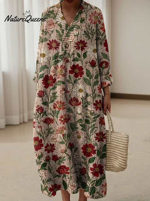 Classic And Elegant Floral Decorative Pattern Women's Casual V-collar Long Sleeve Dress