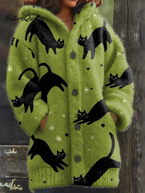 Cozy Cute Cats  Art Print Casual Plush Warm Coat
