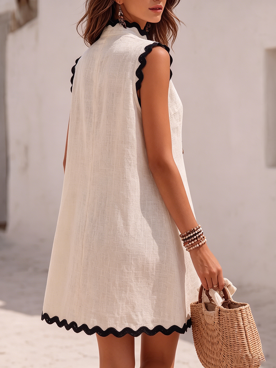 Vacation-style Sleeveless Cotton-linen Dress With Rickrack Trim