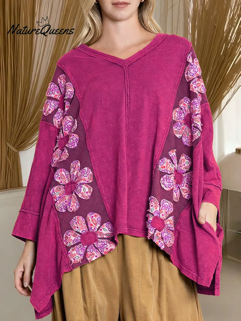 Women's Color-blocked Print V-neck Long-sleeve Casual Loose Cotton Top