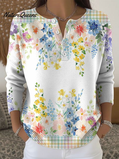 Women's Multicolor Flowers Pattern Art Print Buttoned Cardigan Sweater