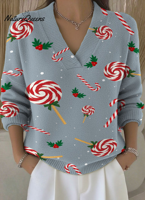 Christmas lollipop decoration pattern Women‘s Casual V  Collar Sweater