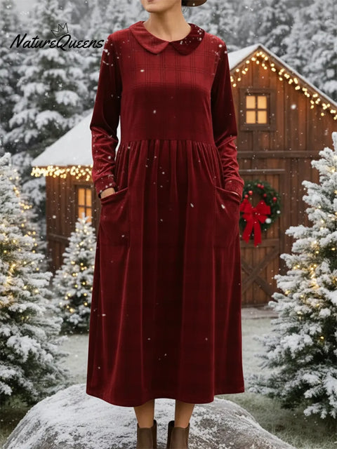 Retro Peter Pan Collar Velvet Pocket Midi Dress